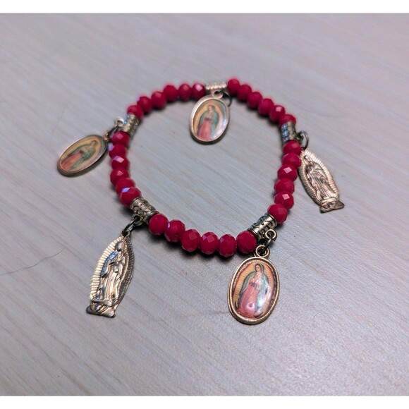 Religious Red Beaded Five Madonna Charms Stretch Bracelet - Picture 2 of 3